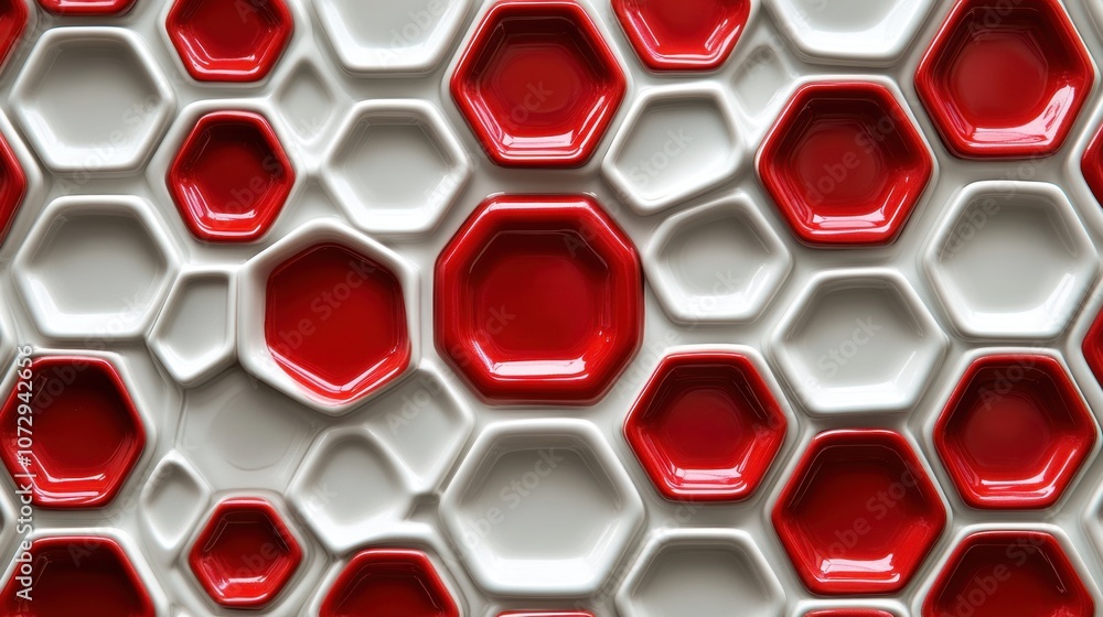 Poster artistic arrangement of red and white hexagonal shapes creating a striking visual display in a moder