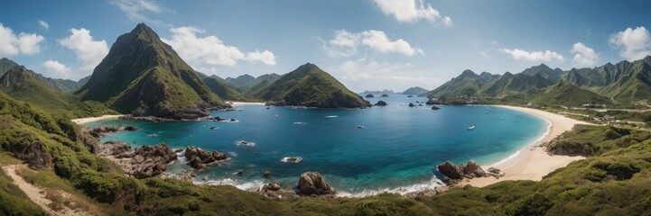 Obraz premium View the Coast of the Island, a rugged coastline with majestic mountains and tranquil ocean waters