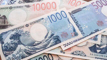 Close up of New Japanese Bank Notes ( yen1000, Yen5000 and Yen10000), Tokyo Japan 2024 Aug.11