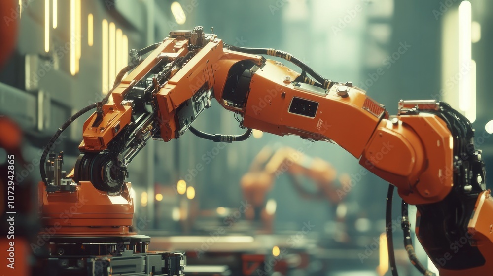Poster an orange robotic arm on an assembly line in a factory.
