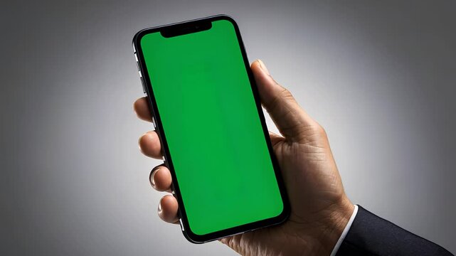 Hand Holding Smartphone with Green Screen Display