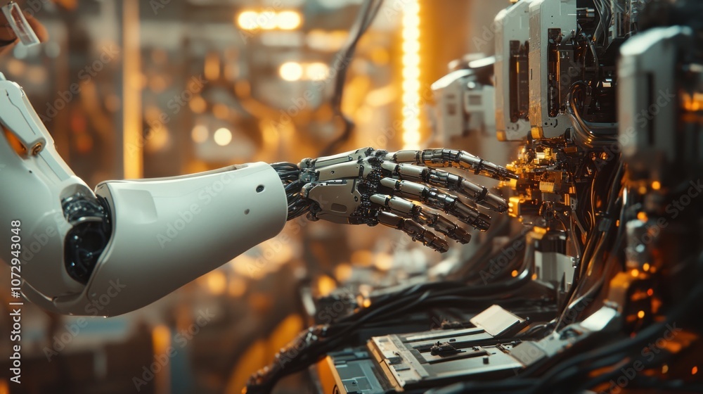 Poster a robotic arm with a metallic hand interacts with a machine's control panel in a futuristic factory 