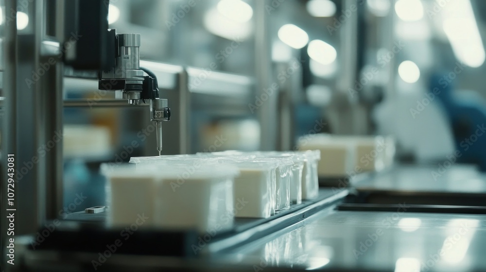 Poster automated production line filling containers with white product in a factory.