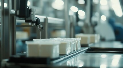 Automated production line filling containers with white product in a factory.