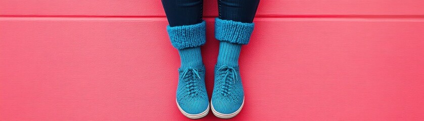 A vibrant image of feet wearing colorful socks and shoes, set against a bright red background, showcasing a playful and stylish look.