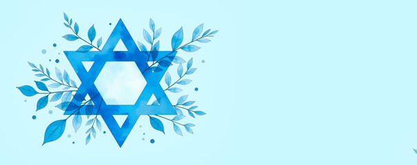Star of David with flowers and leaves on blue background. Bat and Bar Mitzvah concept design, Watercolor Greeting card for celebration Hanukkah, Passover, Shavuot 