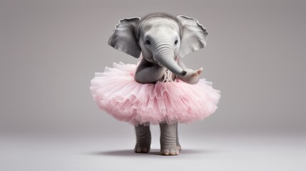 A Playful Young Elephant Wearing a Fluffy Pink Tutu on a Gray Background for Creative Projects