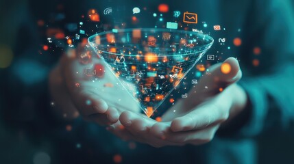 Person holding a digital marketing funnel with icons of digital marketing elements for the Concept of converting sales process prospects into customers.