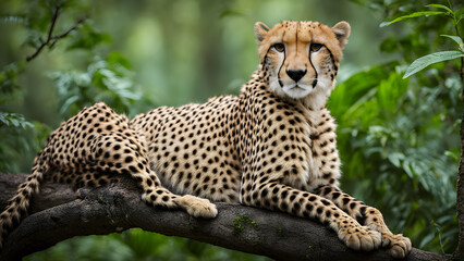 Fototapeta premium Cheetah resting on a branch in a lush jungle, Ai Generated