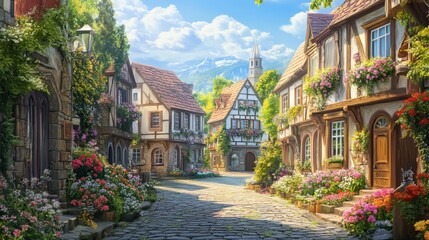 A quaint European village with cobblestone streets and flower covered buildings