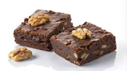 Two chocolate brownies with walnuts on a white background. The brownies are rich and decadent, with a glossy top and a chewy texture. The walnuts add a touch of crunch and nutty flavor.