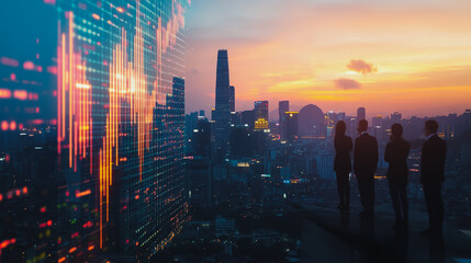 Fototapeta premium Abstract business team stands on the peak of success amid tall, innovative Smart city and graphs with statistics to analyze business potential and predict future developments in company growth.