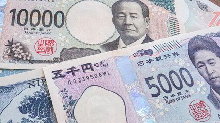 Close up of New Japanese Bank Notes ( yen1000, Yen5000 and Yen10000), Tokyo Japan 2024 Aug.11