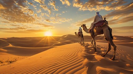 Two people riding camels through a desert at sunset.