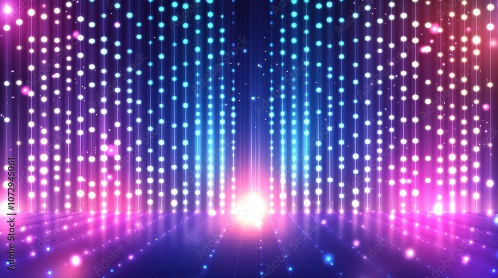 Poster purple and blue gradient lights arranged in vertical lines with glowing dots, creating an abstract f
