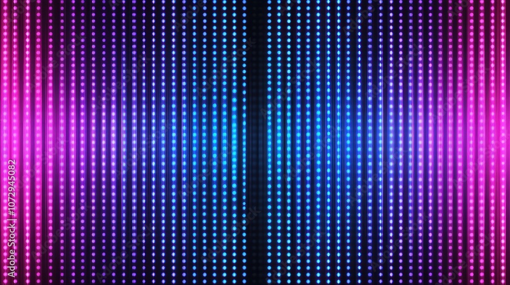 Poster purple and blue gradient lights arranged in vertical lines with glowing dots, creating an abstract f