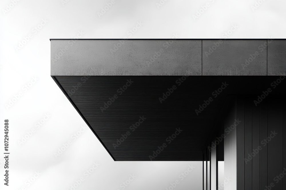 Poster a sleek building overhang against a cloudy sky, emphasizing minimalist architecture and modern desig