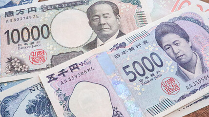 Close up of New Japanese Bank Notes ( yen1000, Yen5000 and Yen10000), Tokyo Japan 2024 Aug.11