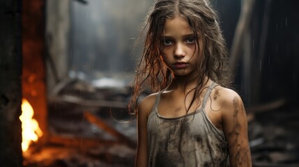 Fototapeta premium A Little Girl in Tears Amidst the Devastation of Her Home After a Tragic Earthquake