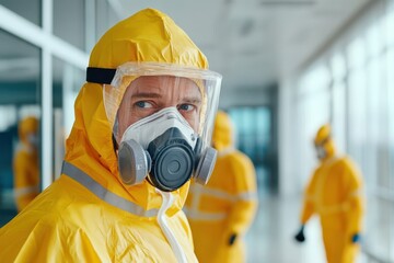 A person in a protective hazmat suit and mask is focused, with others in similar gear in the background, suggesting a serious environment.