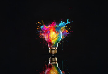 A light bulb explodes in a vibrant burst of color against a dark background.