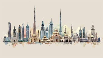 Fototapeta premium Watercolor Skyline of a Middle Eastern City with Tall Buildings and Mosques.