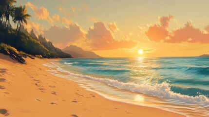 A remote beach with soft, golden sand, gentle waves, and a vibrant sunrise on the horizon