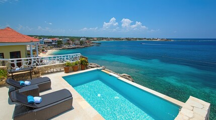 Fototapeta premium Elegant Oceanfront Villa with Lush Outdoor Seating