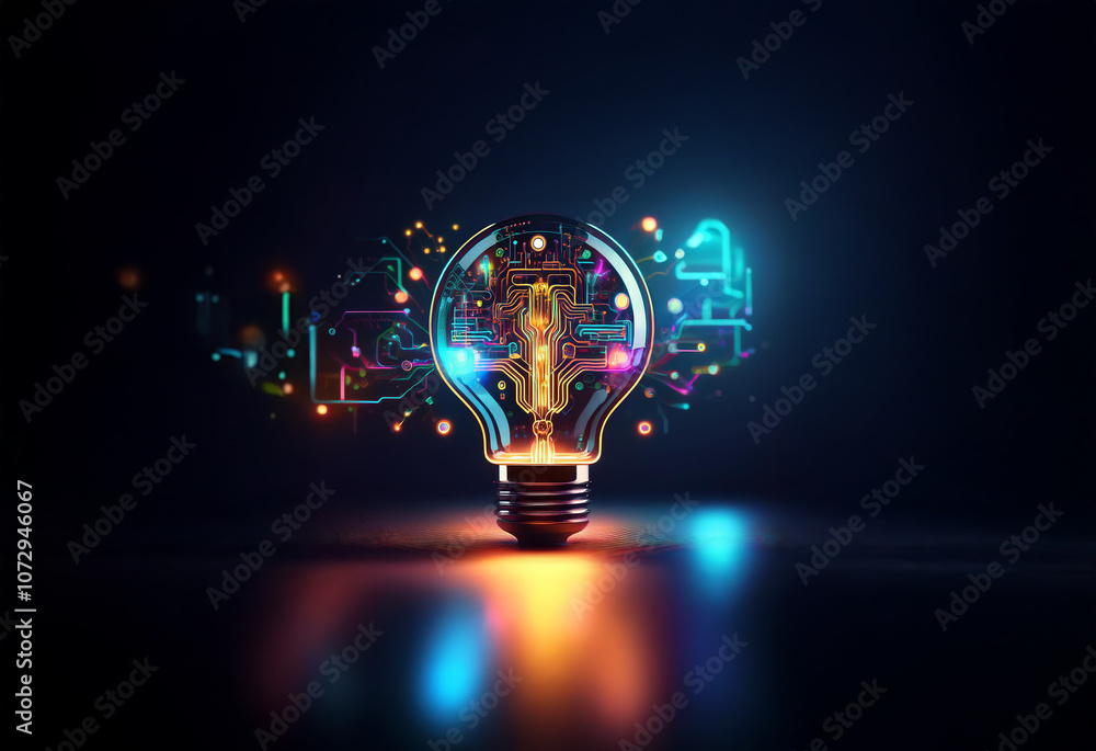 Poster a glowing lightbulb with colorful abstract shapes and lines emanating from it on a dark background.
