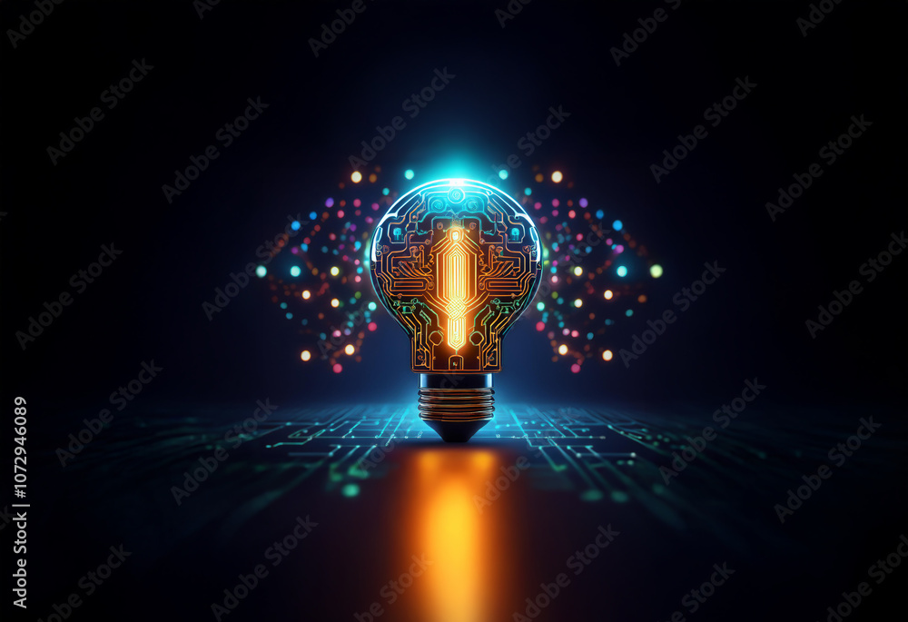 Poster a glowing light bulb with intricate circuitry, surrounded by colorful particles, illuminates a dark 