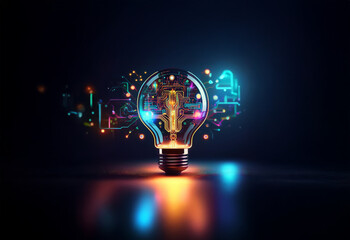 A glowing lightbulb with colorful abstract shapes and lines emanating from it on a dark background.