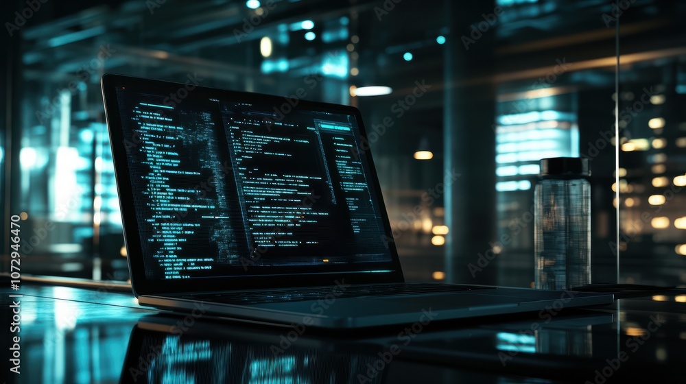 Poster software codes display on screen of a laptop on the table in modern office, web development software