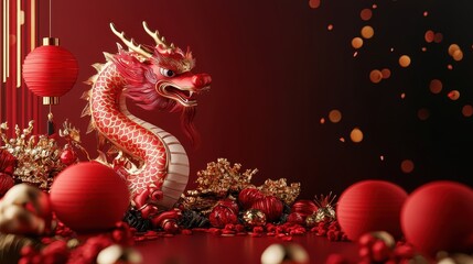 Fototapeta premium Vibrant Red Dragon Sculpture Surrounded by Festive Decorations for Lunar New Year Celebration, Capturing Tradition and Cultural Richness in an Artistic Presentation