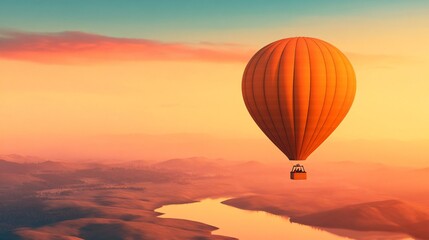 Fototapeta premium Hot Air Balloon Drifting Over Scenic Landscape with Rivers, Lakes, and Fields at Dawn