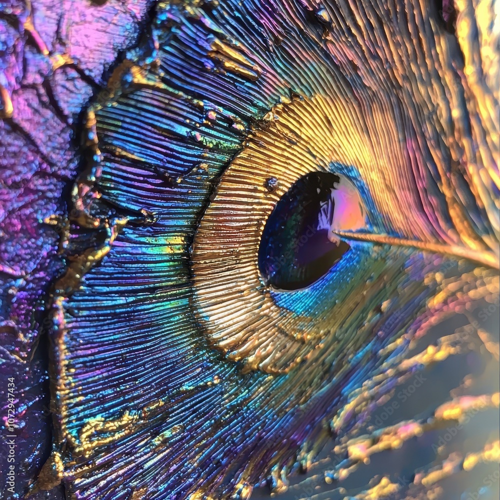 Aufkleber close-up photo of an iridescent peacock feather capturing vibrant colors and intricate patterns exud