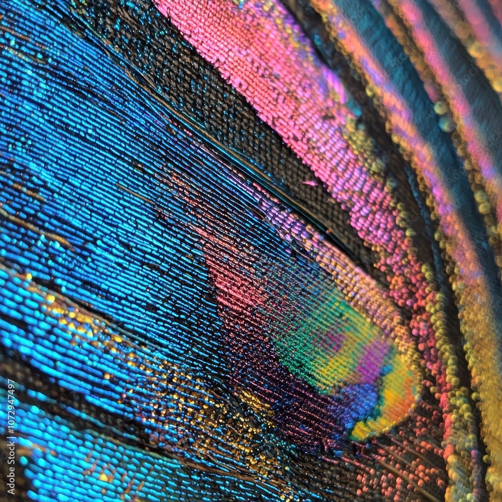 Poster close-up view of vibrant colors on iridescent surface with detailed texture showcasing light reflect