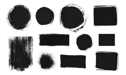 Black painted grunge round and rectangle stains set, template for modern urban design