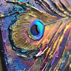 Fototapeta premium Vibrant and Colorful Close-Up of a Decorative Peacock Feather with Intricate Patterns in Metallic Paint and Reflections Highlighting Its Beauty and Textures