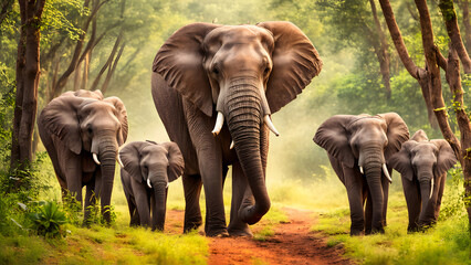 Elephant family walking through a vibrant forest, Ai generated