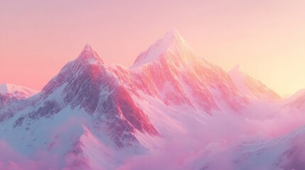 Obraz premium Majestic snow capped mountains at sunrise, soft pink and orange light illuminating the peaks