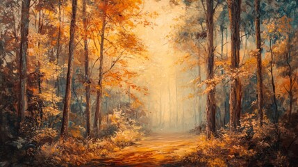 A dense forest with vibrant autumn foliage, blanketed in a morning mist, warm golden light filtering through trees