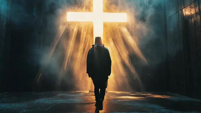In a realm of shadow and glow, a lone man steps forward towards a striking, luminous cross, symbolizing hope and spiritual awakening in a powerful atmosphere of tranquility.