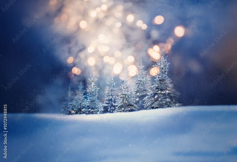 Poster a snowy landscape with a cluster of frosted pine trees against a blurred backdrop of twinkling light