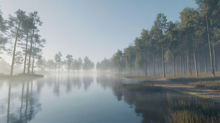 A tranquil, misty lake surrounded by a dense forest of tall pine trees on a sunny morning.