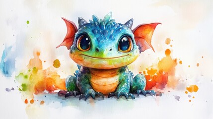 Cute Chubby Pet Dragon with Big Eyes: A Whimsical Watercolor Hand-Painted Delight 