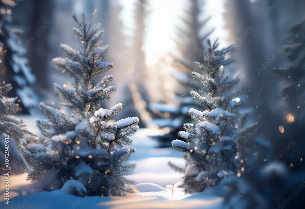 Poster sunlight filters through a snowy forest, illuminating frosted pine branches and a carpet of white.