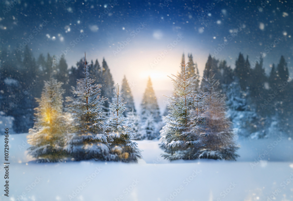 Poster a snowy forest scene with pine trees, illuminated by the soft glow of the setting sun.