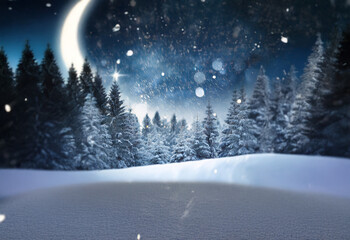A crescent moon shines brightly in the night sky, casting a soft glow over a snow-covered forest.