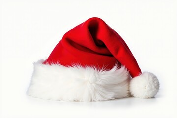 Classic red santa hat with white fluffy trim isolated on a plain background