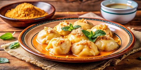 A plate of sweet potato dumplings topped with caramelized sugar and a sprig of fresh mint, sitting on a rustic wooden table